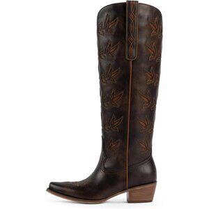 Women's Chocolate Western Knee High Cowgirl Boots Pointed Toe Chunky Heel